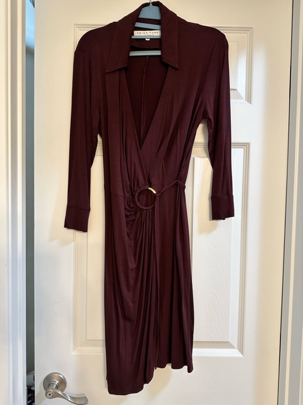 Trina Turk Burgundy Long Sleeve Wrap Dress with Ring Detail